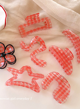 气质格纹红色透明发夹女发量多鲨鱼夹子网红新款盘发抓夹发卡发饰