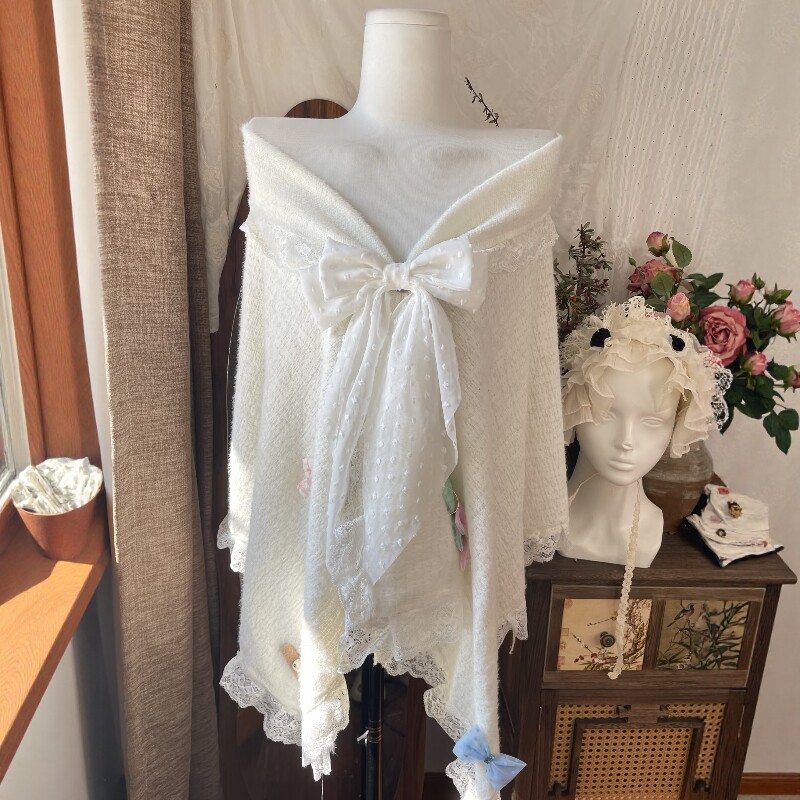 XIRU 法式风白色蕾丝披肩女夏外搭设计感小众薄款头巾丝巾