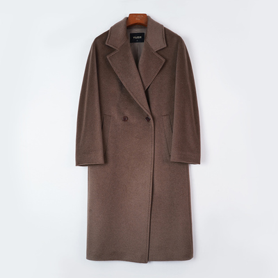 悦戎2025秋冬新款女士紫绒大衣西装领100%山羊绒毛呢外套中长款