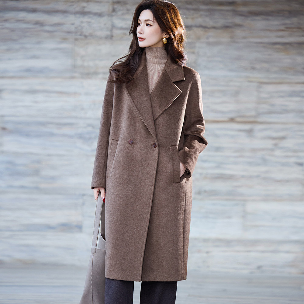 悦戎2025秋冬新款女士紫绒大衣西装领100%山羊绒毛呢外套中长款