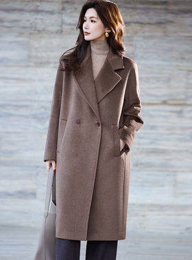 悦戎2025秋冬新款女士紫绒大衣西装领100%山羊绒毛呢外套中长款