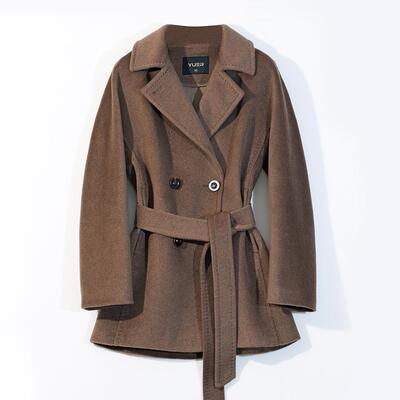 悦戎紫绒100%山羊绒大衣短款