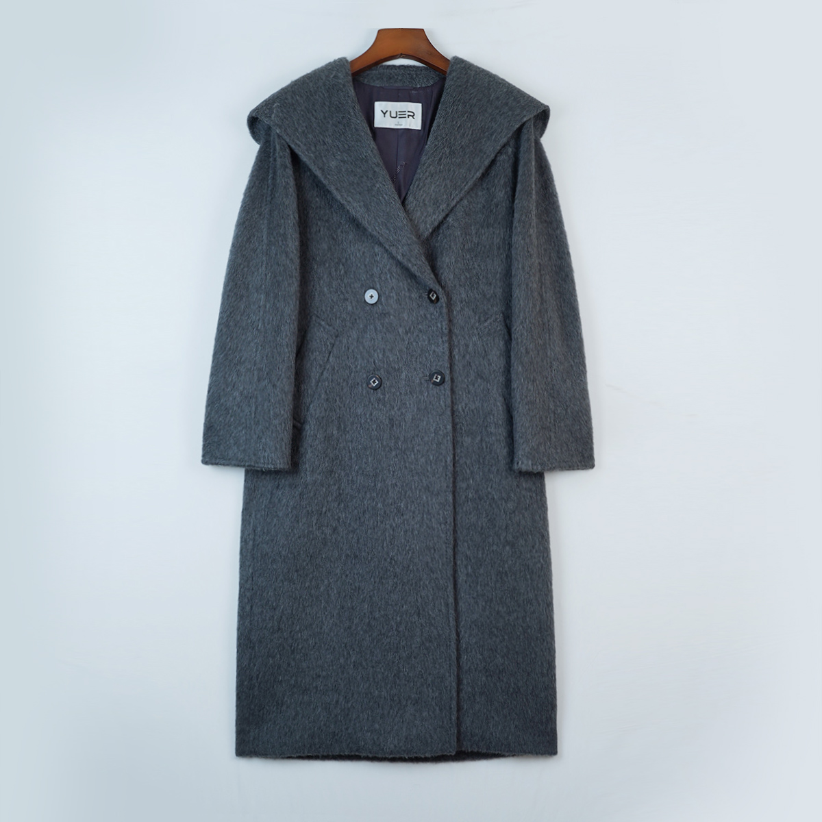 悦戎2025秋冬新款高端羊驼毛大衣女中长款苏力绒羊毛呢外套连帽款