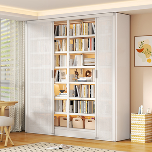 家用钢制书架图书馆一体靠墙书柜带折叠推拉门客厅落地防尘收纳柜