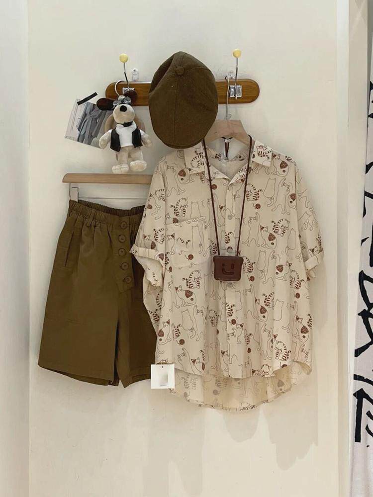 特大码300斤韩版慵懒风运动套装男宽松短袖不规则衬衫+短裤两件套