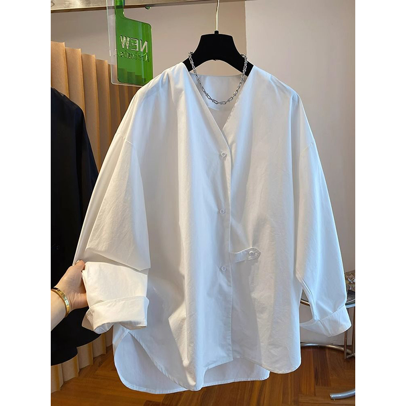 300斤慵懒风V领宽松衬衫男女