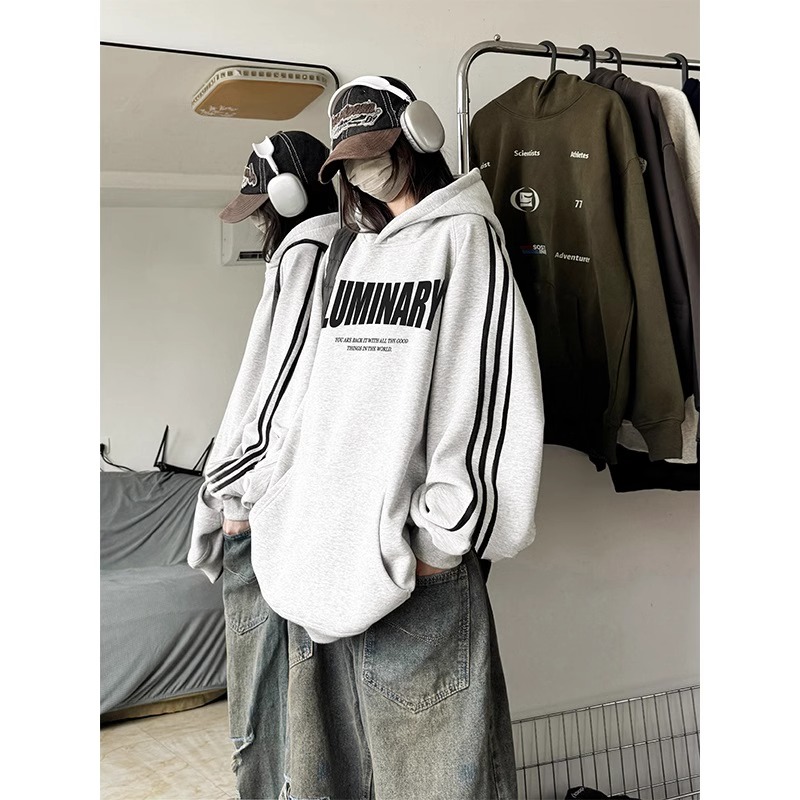 美式潮牌hiphop三条杠连帽卫衣