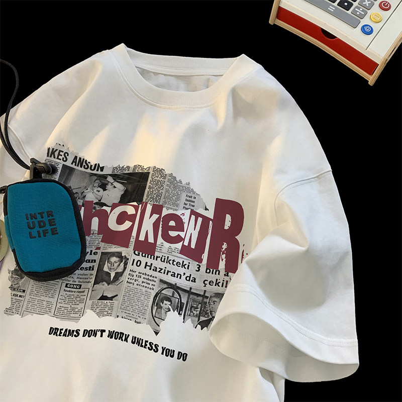 300斤大码男装美式报纸印花短袖T恤男款夏季潮潮流宽松重磅半截袖