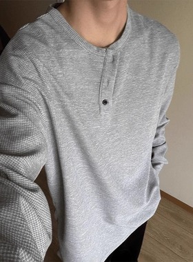 300斤大码灰色亨利领长袖t恤男女春秋美式体恤华夫格宽松休闲内搭