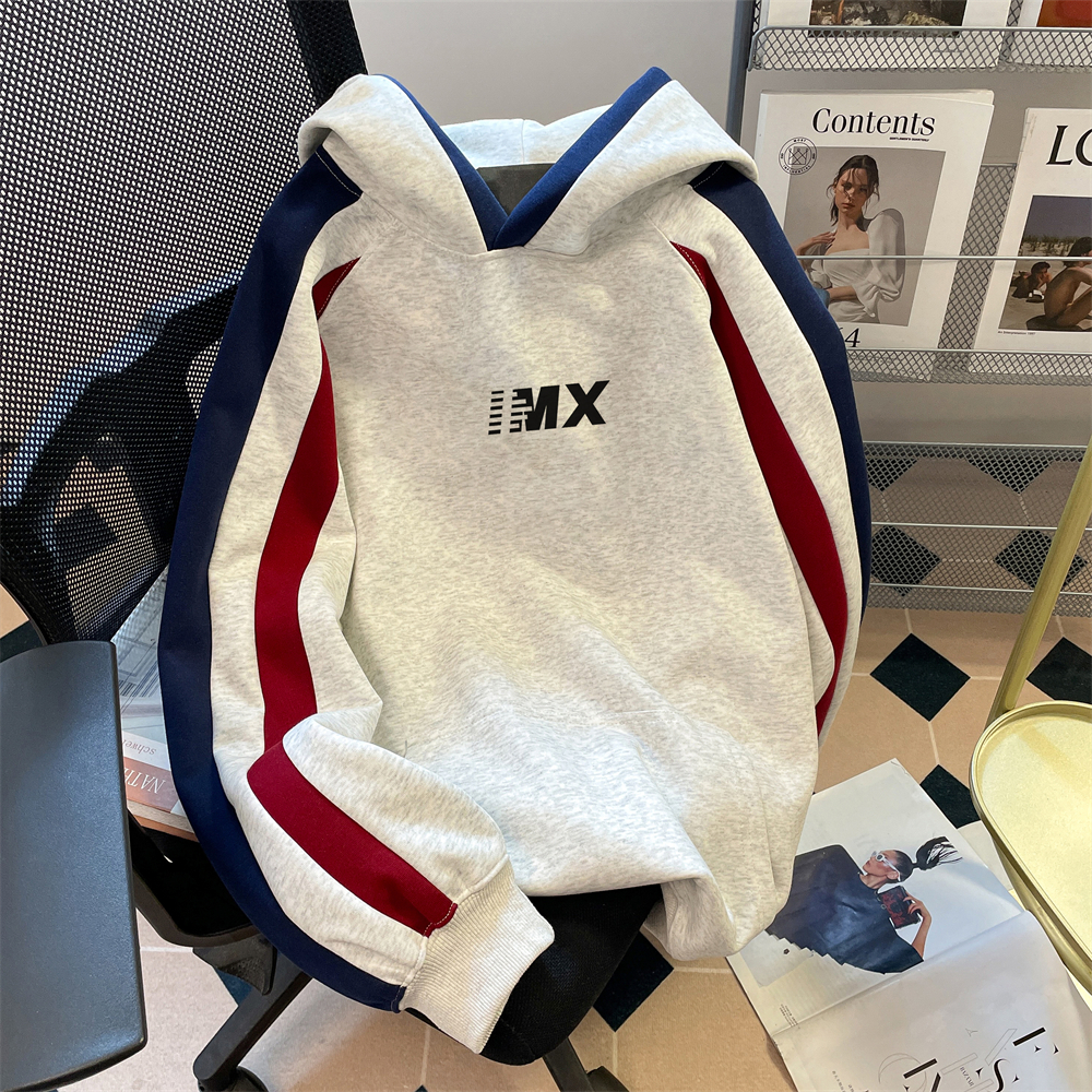 大码300斤美式复古拼接撞色卫衣