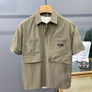 特大码300斤日系复古多口袋Polo衫短袖男装夏季港风宽松工装上衣