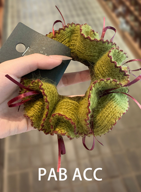 韩国森系超显白果绿撞色针织毛绒蝴蝶结发圈双层软糯高端弹力皮筋