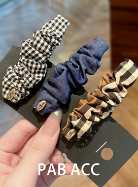 韩国格纹小金标褶皱懒人鸭嘴夹高品质百搭侧边刘海夹碎发夹一字夹