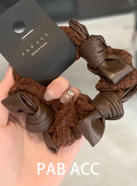 韩国秋冬美拉德针织软皮质蝴蝶结头绳甜酷少女后脑勺绑发圈橡皮筋