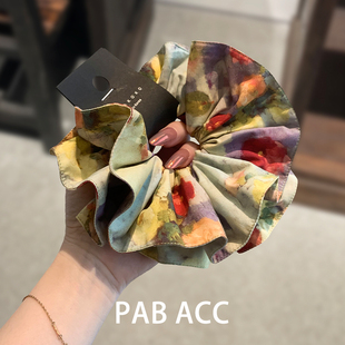 莫奈花园油画风双层晕染印花褶皱肥肠圈韩国清新田园显白弹力皮筋