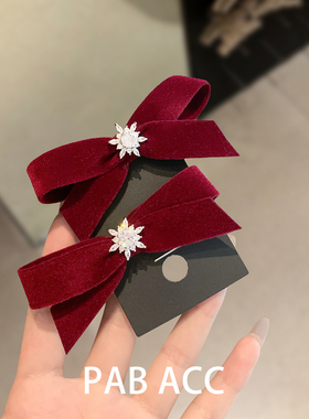 韩国本命新年红色复古水钻雪花丝绒蝴蝶结懒人鸭嘴夹刘海对夹边夹