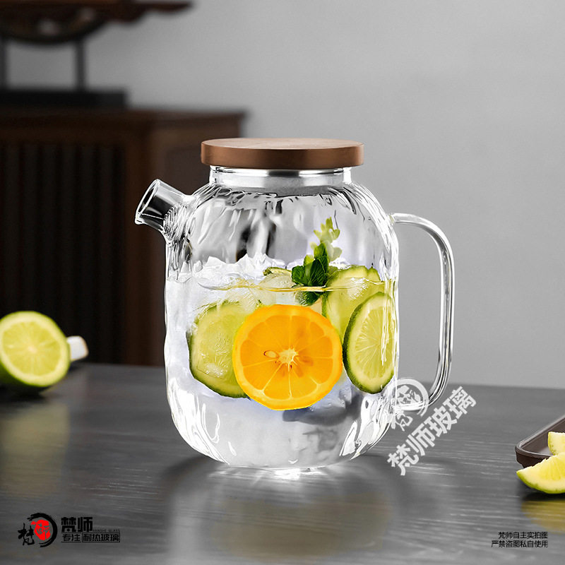水纹耐高温玻璃水壶办公室大容量水具套装家用木盖冷扎壶饮具套组