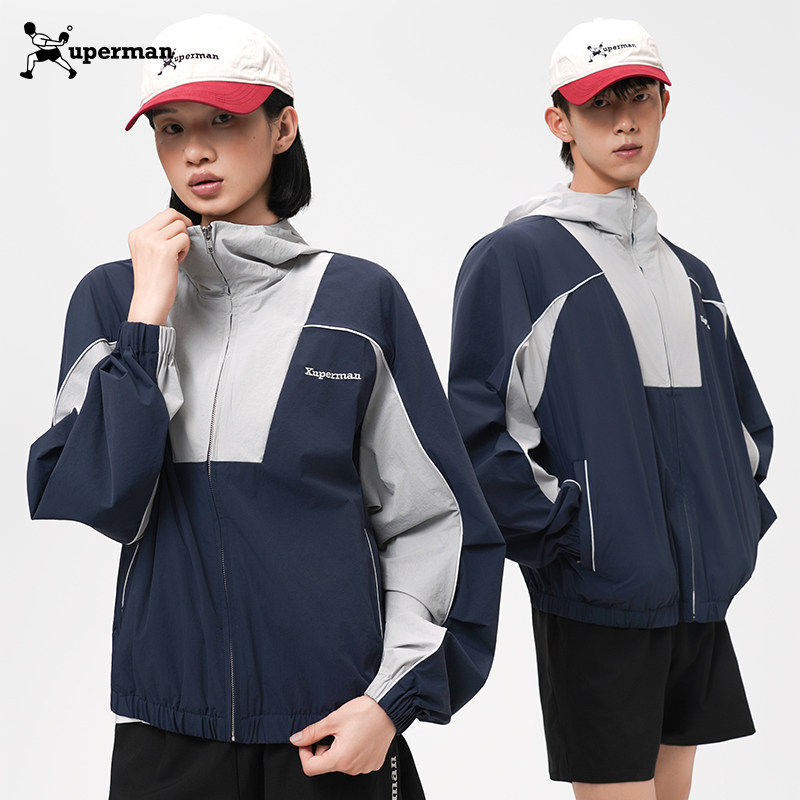 Xuperman美式复古潮牌拼色连帽外套男女户外运动休闲夹克冲锋衣