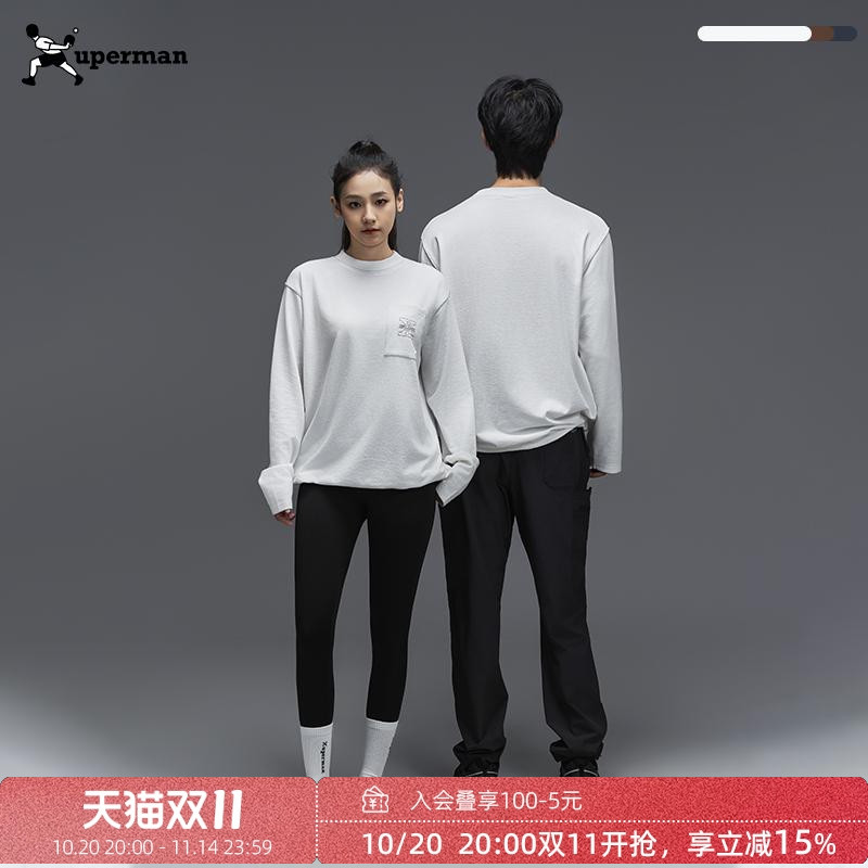 Xuperman刺绣口袋长袖T恤基础百搭宽松显瘦打底衫男T恤女圆领纯色