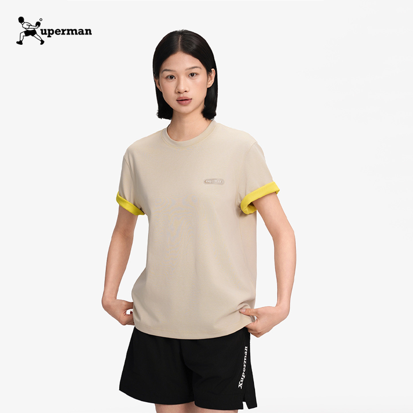 Xuperman袖口翻边双色印花速干短袖T恤男女夏季简约运动休闲上衣
