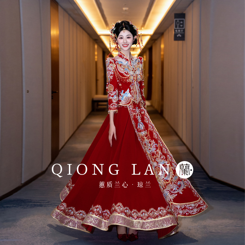 日本品質瓊蘭絲絨秀禾服婚服2025新款中式新娘服龍鳳褂嫁衣大碼秀