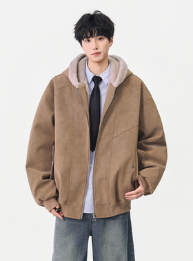 SHAPOES冬季男生美式重磅加厚连帽夹克男士宽松休闲棉服PU皮外套