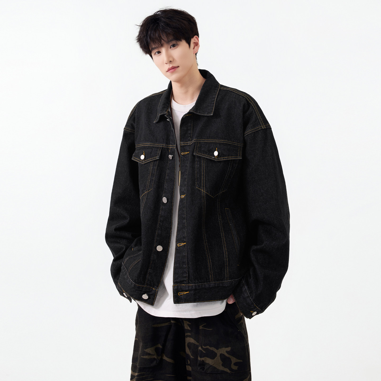 SHAPOES春秋季男生美式重磅420g牛仔衣男士复古宽松百搭夹克外套