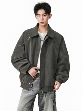 SHAPOES春秋季男生式宽松PU皮夹克外套男士休闲扎染双拉链外套