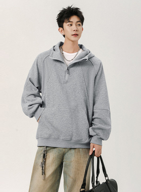 SHAPOES春秋季男生重磅美式宽松连帽卫衣男士半拉链情侣外套上衣