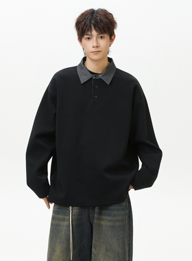 SHAPOES秋冬季男生美式重磅假两件加绒卫衣男士宽松Polo领上衣