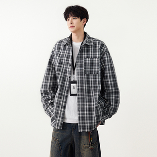 男士 SHAPOES春秋季 衬衫 宽松格子长袖 休闲百搭翻领上衣 男生美式