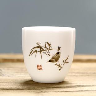 素烧亚光家用品茗杯主人杯羊脂玉瓷花鸟杯 100ML德化高档白瓷茶杯