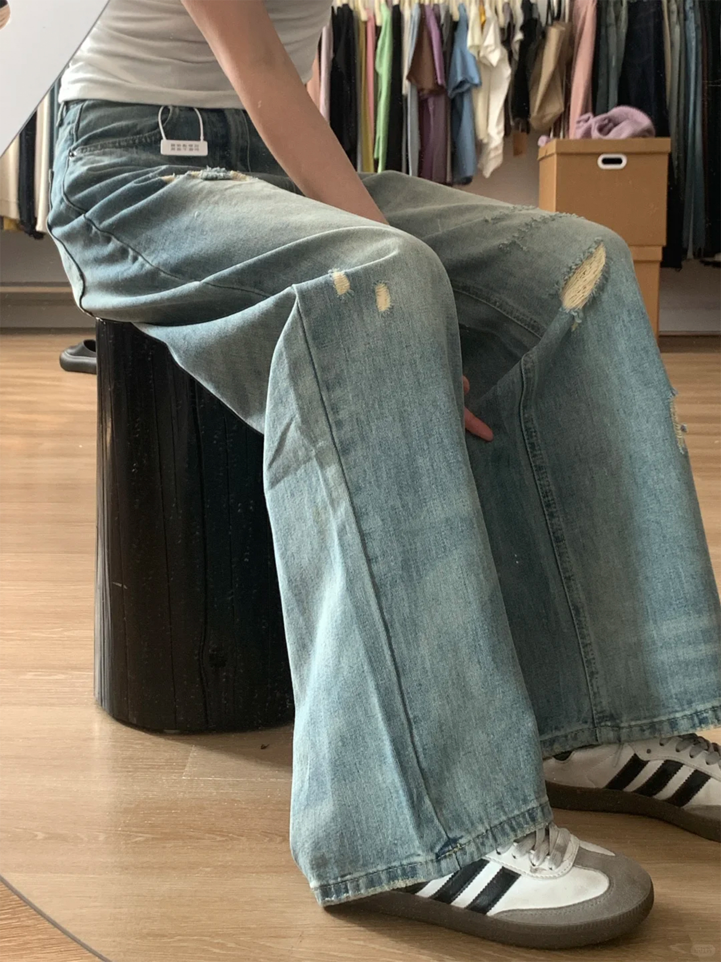 American Style Ripped Jeans for Women Summer Thin 2025 New Large Size Fat mm High Waist Loose Lazy Style Wide Leg Pants