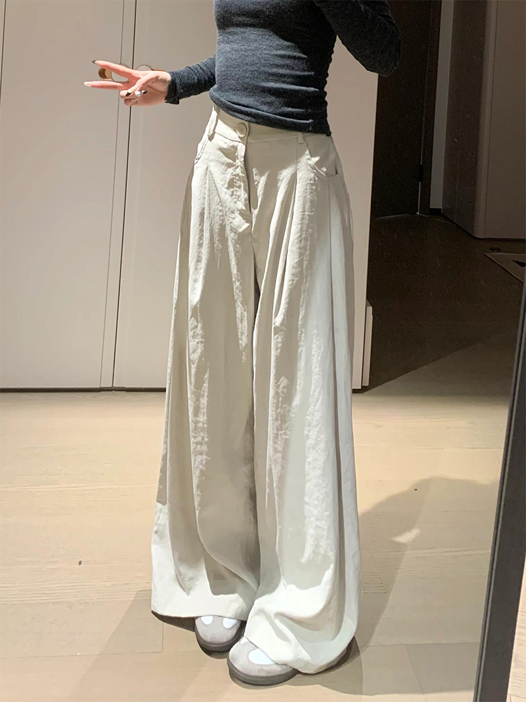 Khaki Suit Pants for Women 2025 New Summer Thin Loose Bf Lazy Style Drape High Waist Wide Leg Pants