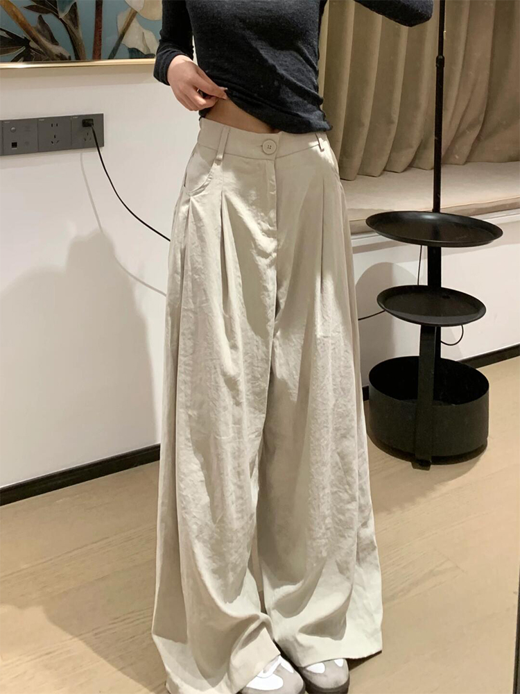 Khaki Suit Pants for Women 2025 New Summer Thin Loose Bf Lazy Style Drape High Waist Wide Leg Pants