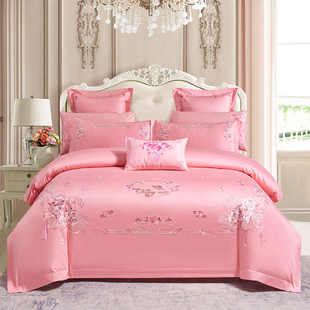 新婚庆家纺床上四件套全棉纯棉斜纹粉色大红色刺绣花陪嫁婚房床品