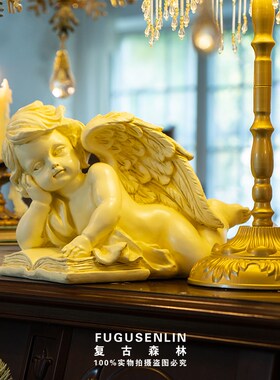 速发复古森林树脂欧式做旧托腮天使大道书橱摆件家饰装居号具巴洛