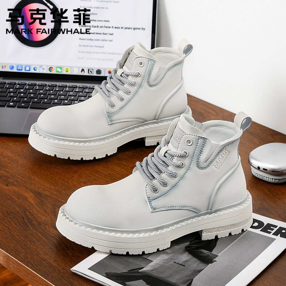 马克华菲马丁靴男款2025新款白色靴子秋冬鞋子增高工装靴高帮男鞋