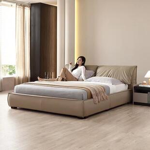 大象耳朵主卧真皮床简约北欧意式极简婚床储物实木床皮艺实木框架