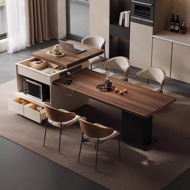 岛台餐桌一体岩庭居意式极简高级可伸缩饭桌家用厨房岛台餐边柜导