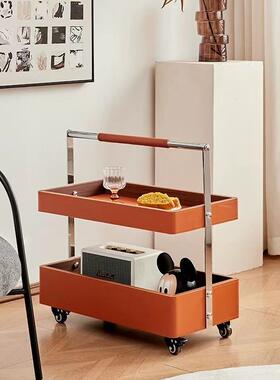 意式轻奢可移动马鞍皮沙发边几角几小推车带轮客厅家用不锈钢茶几