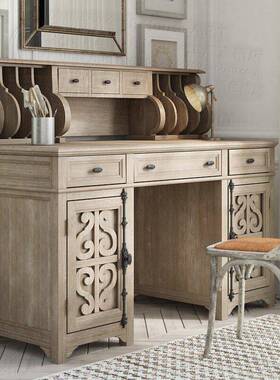 法式乡村仿古做旧实木雕花书桌RH美式工业风办公桌写字台带书架