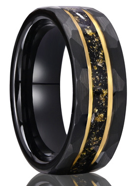 8宽电黑色钨钢镶碎金箔陨石奥宝男士戒指热卖款