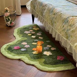 卧室绿草地地毯花卉植物多巴胺客厅儿童房床边毯防滑创意植绒地垫