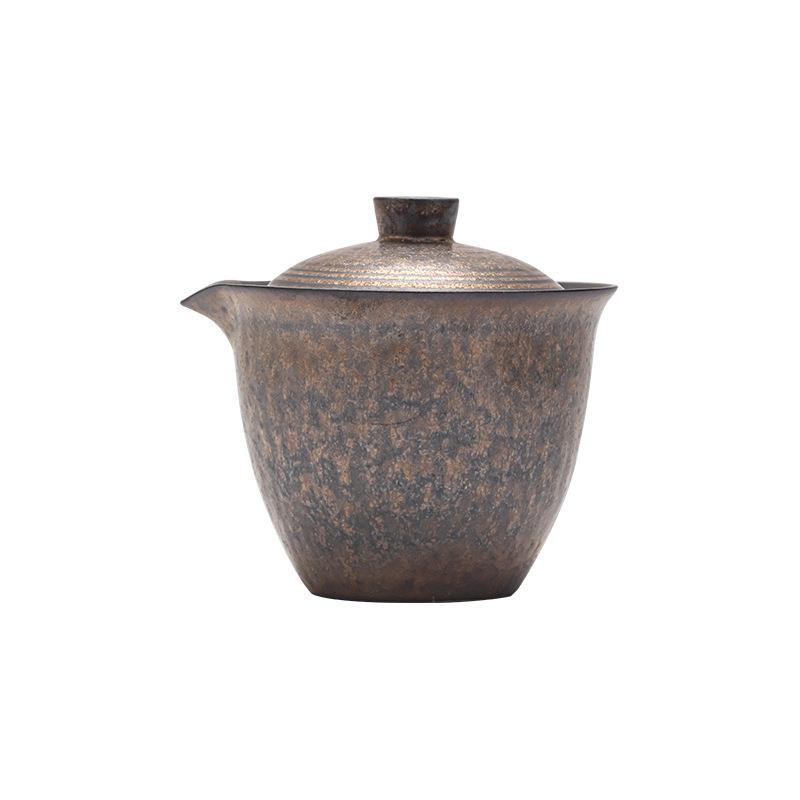 中式鎏金复古手抓壶铁锈釉茶壶旅行粗陶瓷快客杯盖碗茶杯功夫茶具