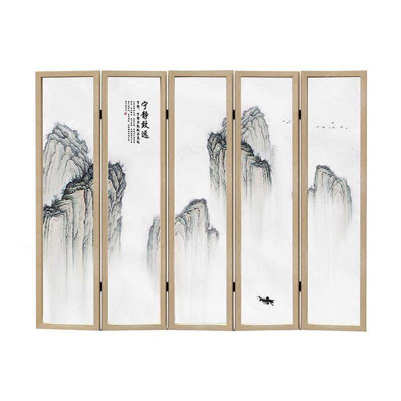 屏风隔断客厅现代简约折叠移动茶室办公室中式折屏实木布艺山水画