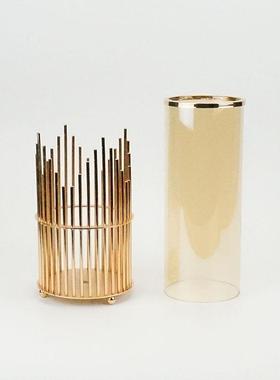 轻奢金属线条玻璃花瓶现代简约家居饰品欧式客厅书房仿真花花瓶
