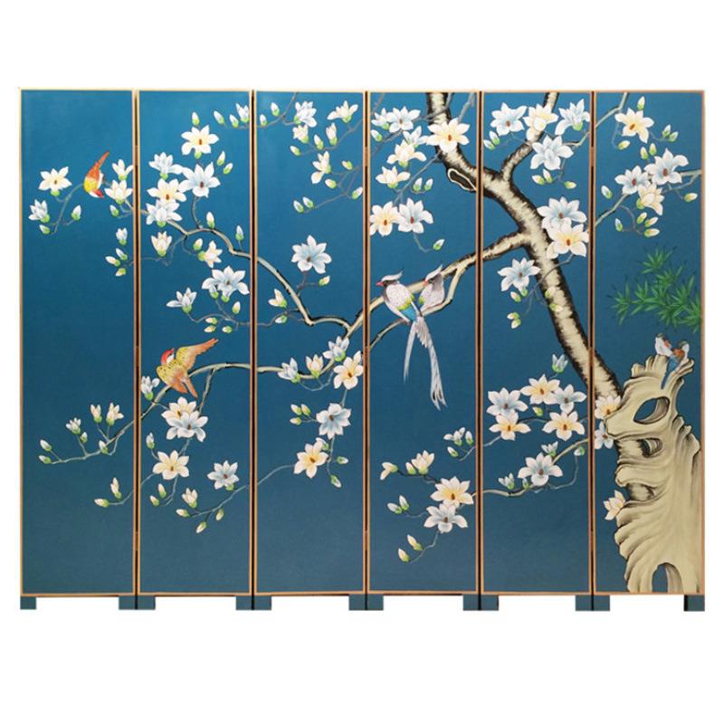 漆画屏风纯手绘隔断客厅玄关进门遮挡卧室办公酒店花鸟画折叠移动