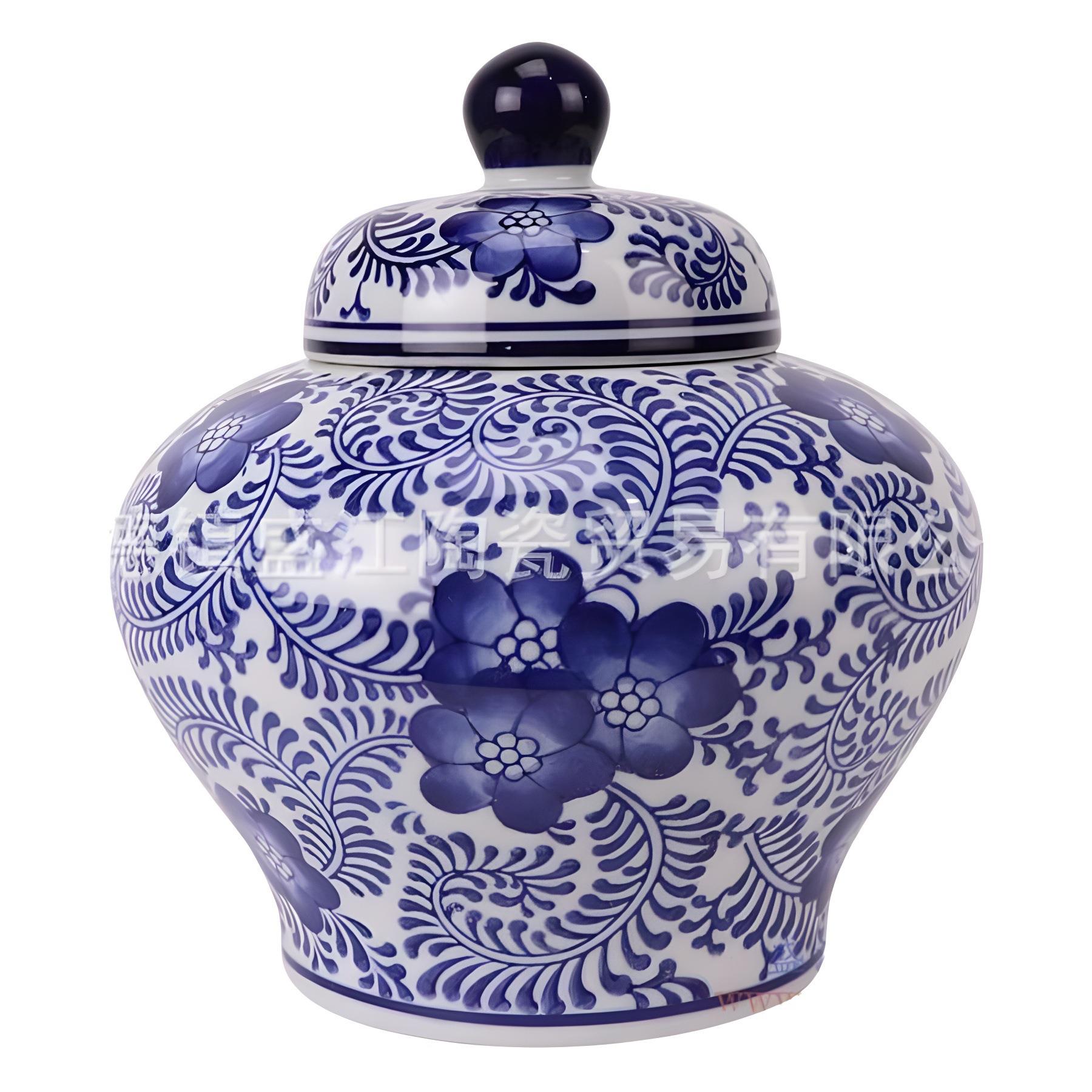 青花瓷将军罐陶瓷插花花瓶现代家居茶叶罐装饰酒店客房客桌面摆件