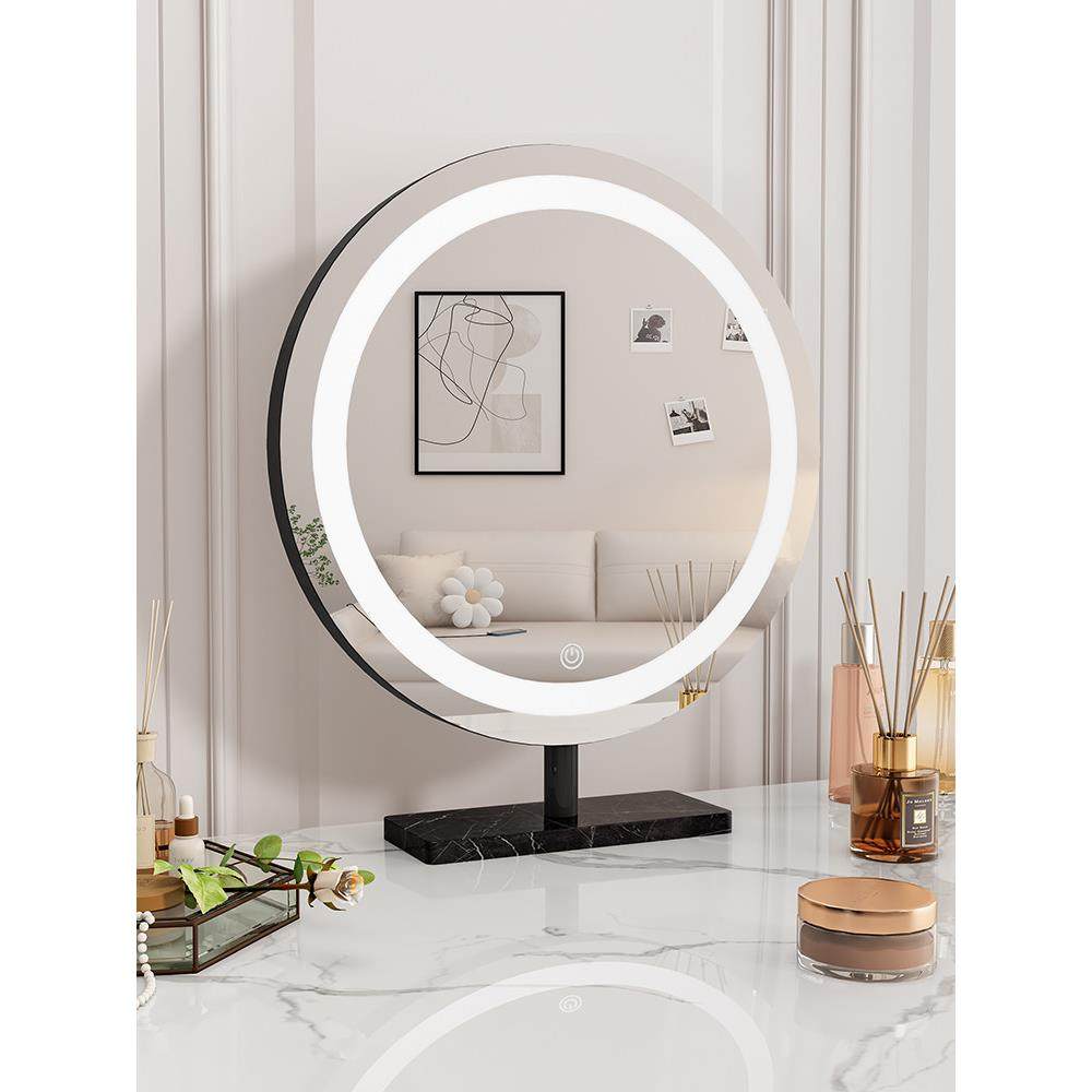 ins高级感大理石化妆镜简约梳妆台镜子桌面高清led圆镜美妆镜带灯